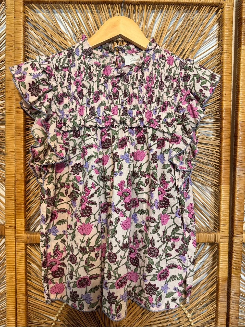 Cleobella Virginia Blouse in Kaia Print Pink Floral Ruffle Smocked SZ S - Picture 2 of 8